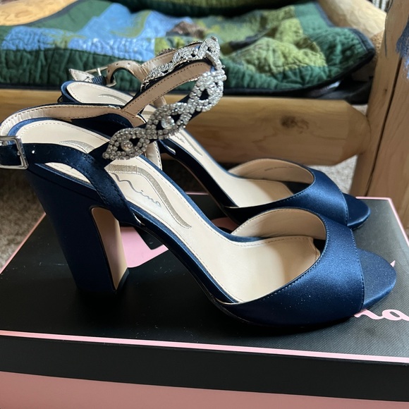 Nina New Navy Luster Heels with Rhinestone Strap - Picture 3 of 5
